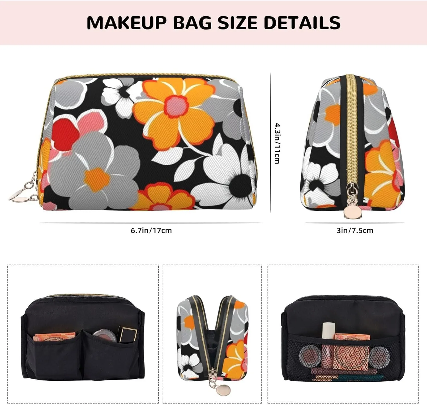 Floral Pattern Toiletry Pouch, Travel-Friendly Makeup Organizer For Makeup Brushes, Lipsticks