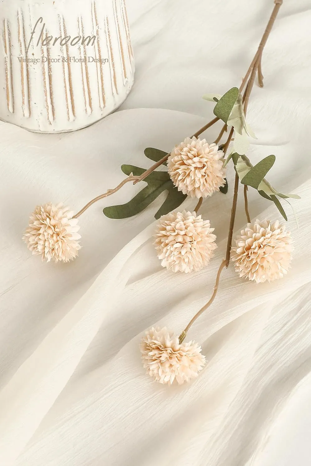 Floroom 5pcs Faux Silk Pompon Mum Artificial Flowers, Bulk Fake Mini Chrysanthemums with Stems for DIY Bouquet Centerpieces Wedding Fillers Champagne Arrangements Shower Decorations, Beige