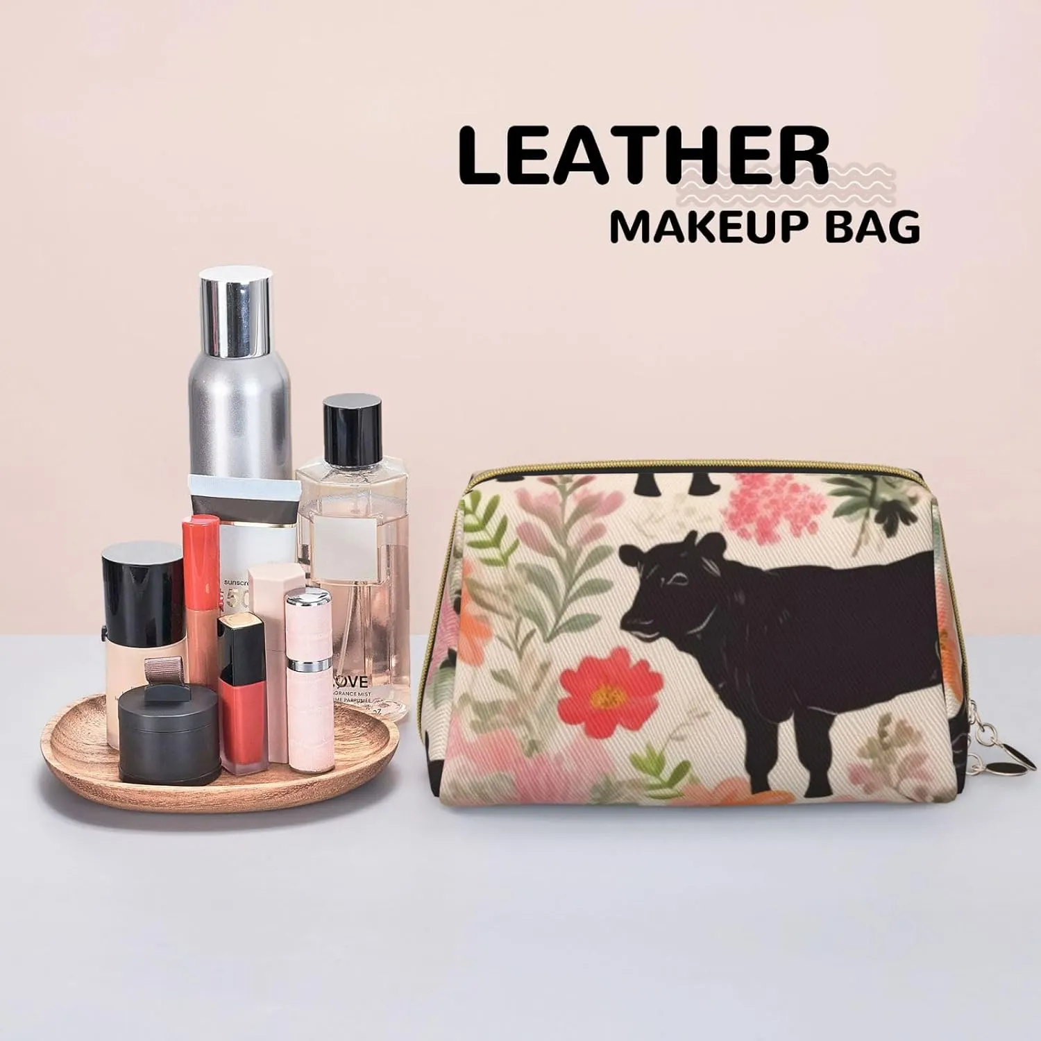 Flower Show Steer Cows Cattle Print Leather Makeup Bag Cute Makeup Pouch For Women With Zipper Portable Travel Cosmetic Bags 6.7x3x4.3in