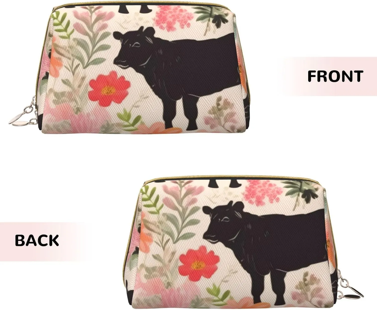 Flower Show Steer Cows Cattle Print Leather Makeup Bag Cute Makeup Pouch For Women With Zipper Portable Travel Cosmetic Bags 6.7x3x4.3in
