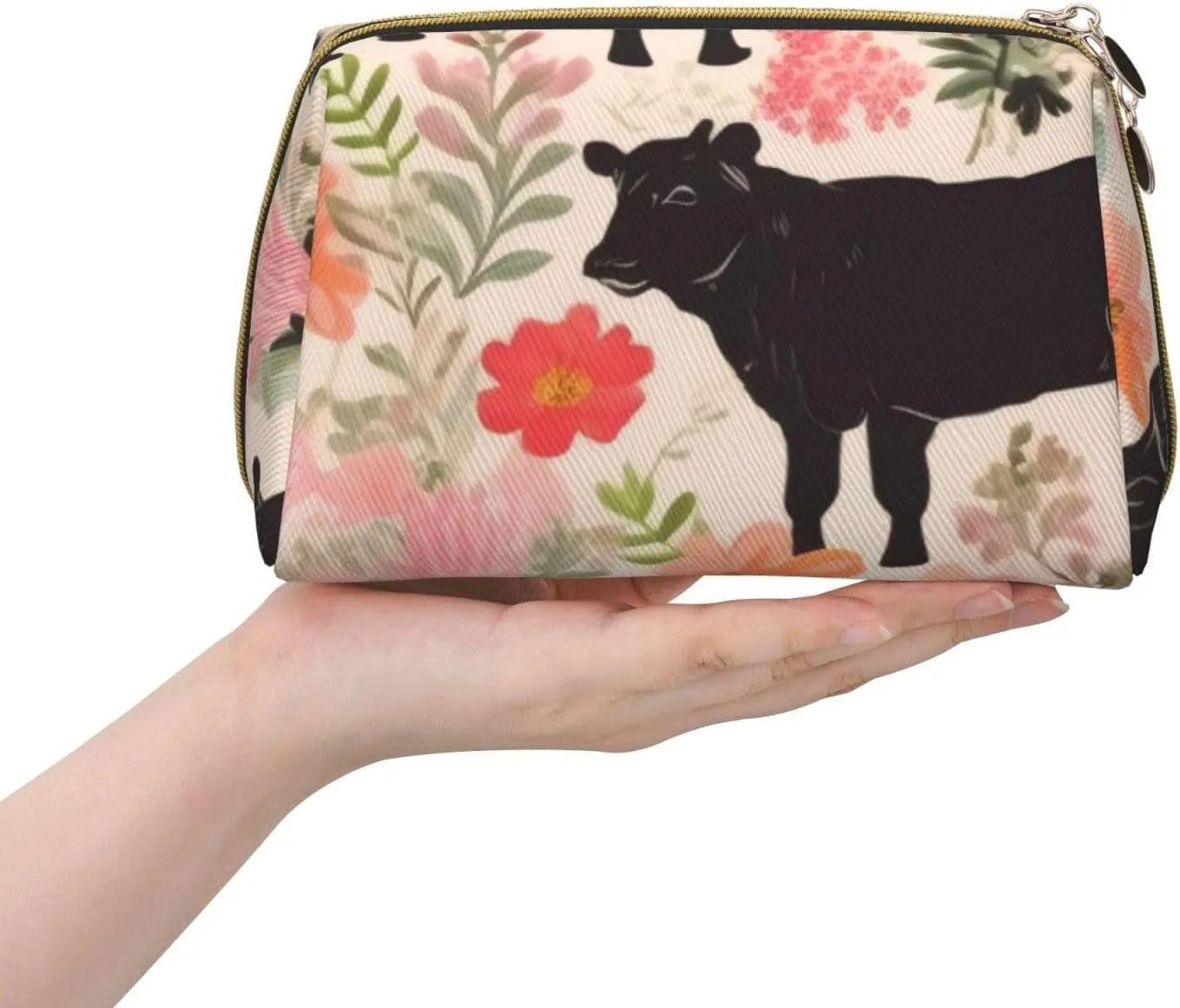 Flower Show Steer Cows Cattle Print Leather Makeup Bag Cute Makeup Pouch For Women With Zipper Portable Travel Cosmetic Bags 6.7x3x4.3in