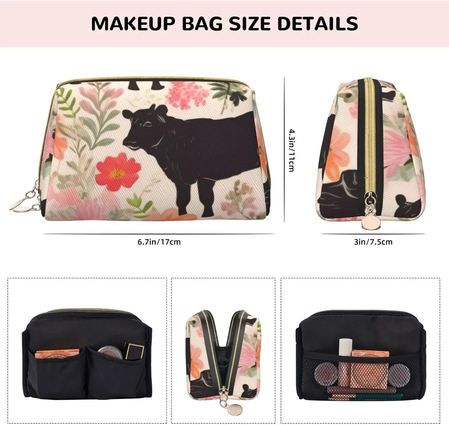 Flower Show Steer Cows Cattle Print Leather Makeup Bag Cute Makeup Pouch For Women With Zipper Portable Travel Cosmetic Bags 6.7x3x4.3in