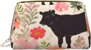 Flower Show Steer Cows Cattle Print Leather Makeup Bag Cute Makeup Pouch For Women With Zipper Portable Travel Cosmetic Bags 6.7x3x4.3in