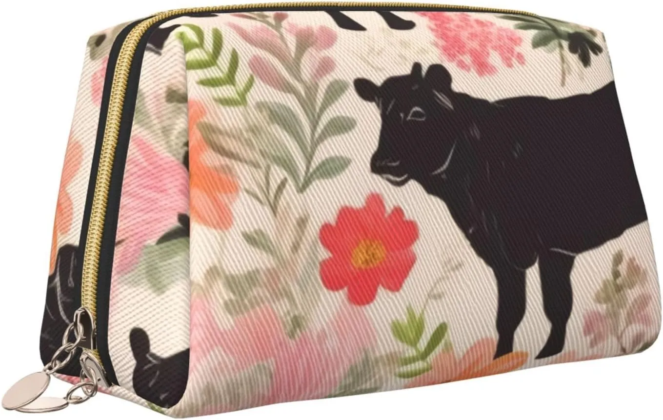 Flower Show Steer Cows Cattle Print Leather Makeup Bag Cute Makeup Pouch For Women With Zipper Portable Travel Cosmetic Bags 6.7x3x4.3in