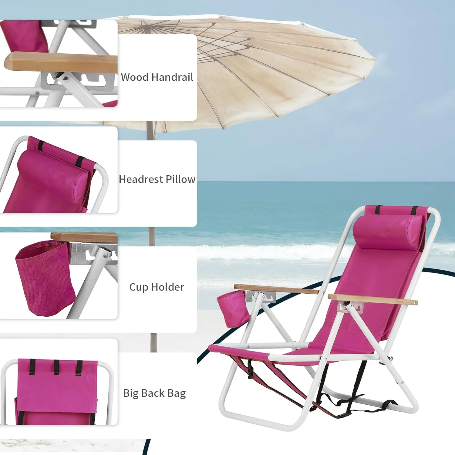 Folding Beach Chair wth 4 Position, Portable Backpack Foldable Camping Chair with Headrest Cup Holder and Wooden Armrests, for Beach, Camp, Outdoor, Heavy Duty 330 Lbs Capacity Pink