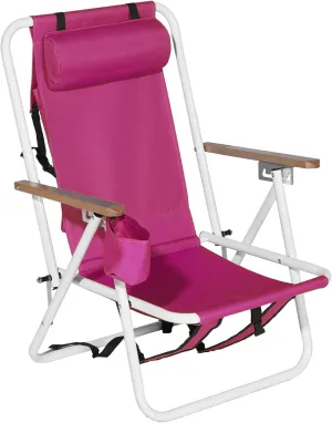 Folding Beach Chair wth 4 Position, Portable Backpack Foldable Camping Chair with Headrest Cup Holder and Wooden Armrests, for Beach, Camp, Outdoor, Heavy Duty 330 Lbs Capacity Pink