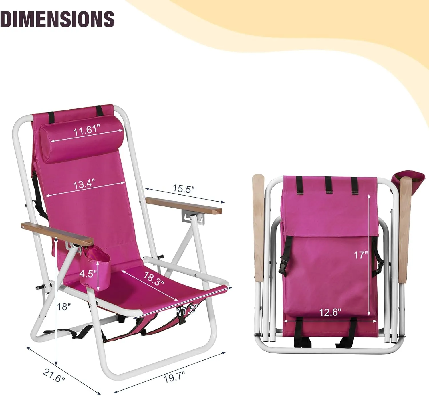 Folding Beach Chair wth 4 Position, Portable Backpack Foldable Camping Chair with Headrest Cup Holder and Wooden Armrests, for Beach, Camp, Outdoor, Heavy Duty 330 Lbs Capacity Pink