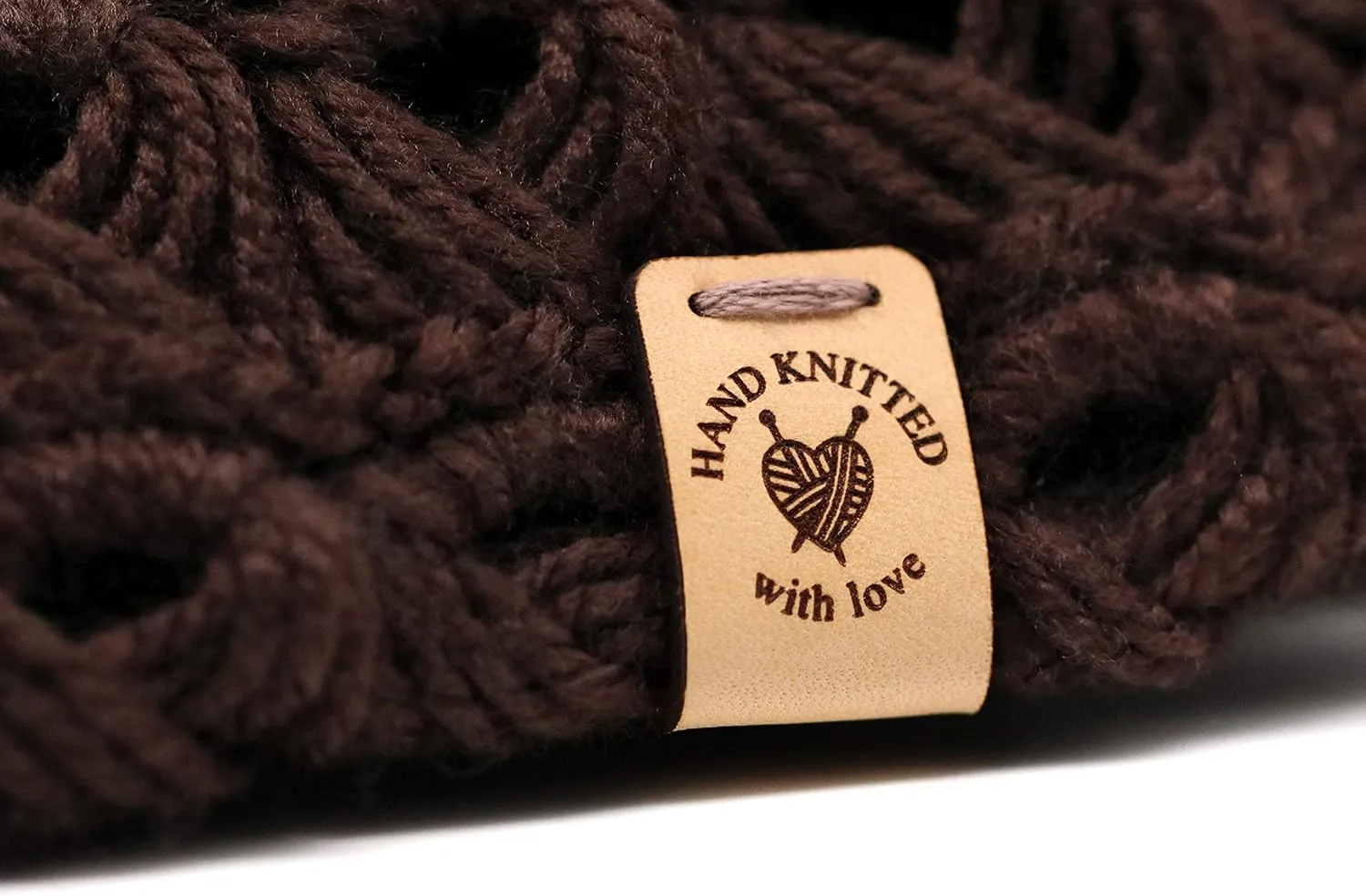 Folding Handmade Leather Labels O3"Hand Knitted with Love" - Exclusive Engraved Genuine Italian Leather Tags (Customized Text - 15 Pieces)