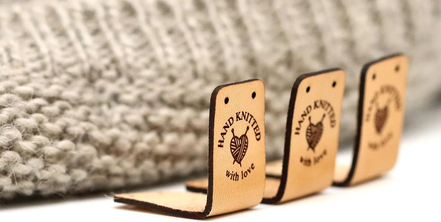 Folding Handmade Leather Labels O3"Hand Knitted with Love" - Exclusive Engraved Genuine Italian Leather Tags (Customized Text - 15 Pieces)