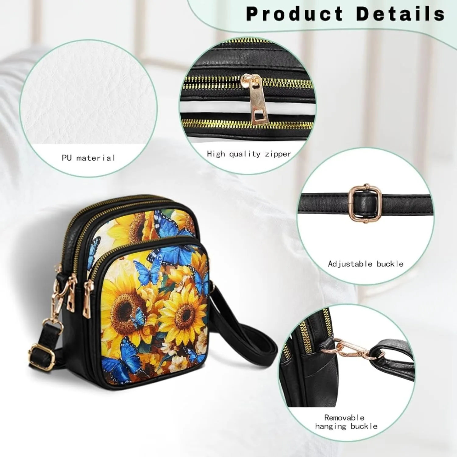 FOR U DESIGNS Sunflower Crossbody Bags for Women Leather Hobo Satchel Purses Multi Zipper Pockets Trendy Shoulder Bag