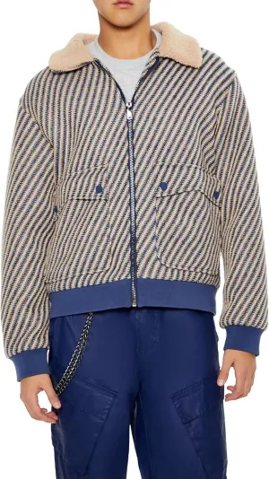 Forever 21 Men's Faux Shearling-Collar Striped Jacket