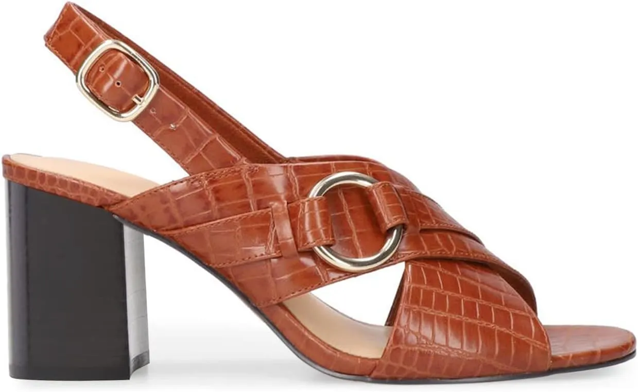 FOWT Crocodile Embossed Slingback Sandals for Women Open Peep Toe Pumps with Ankle Buckle Strap Backless Chunky Heels Faux Leather Spring Summer Beach Shoes Size 4-16 US