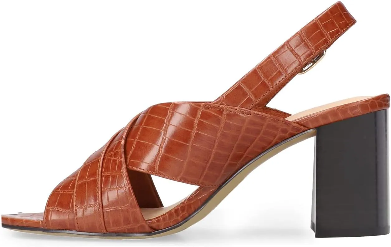 FOWT Crocodile Embossed Slingback Sandals for Women Open Peep Toe Pumps with Ankle Buckle Strap Backless Chunky Heels Faux Leather Spring Summer Beach Shoes Size 4-16 US