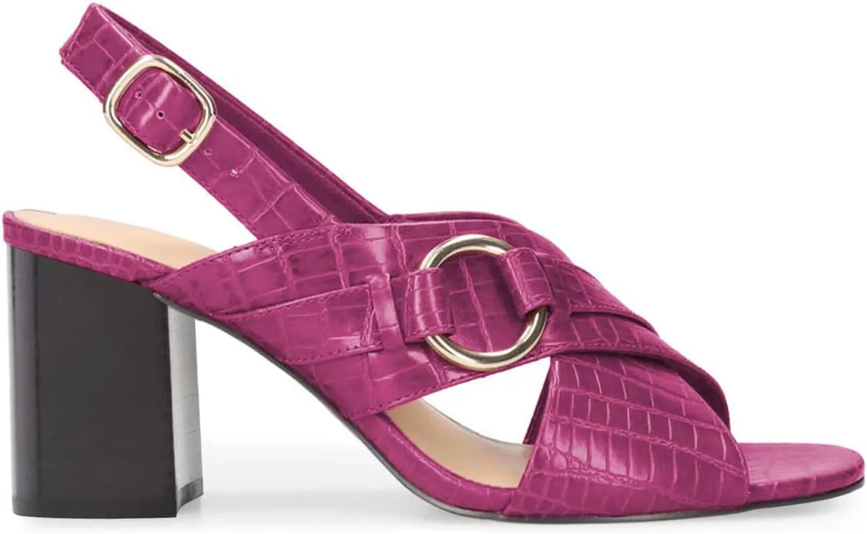 FOWT Crocodile Embossed Slingback Sandals for Women Open Peep Toe Pumps with Ankle Buckle Strap Backless Chunky Heels Faux Leather Spring Summer Beach Shoes Size 4-16 US
