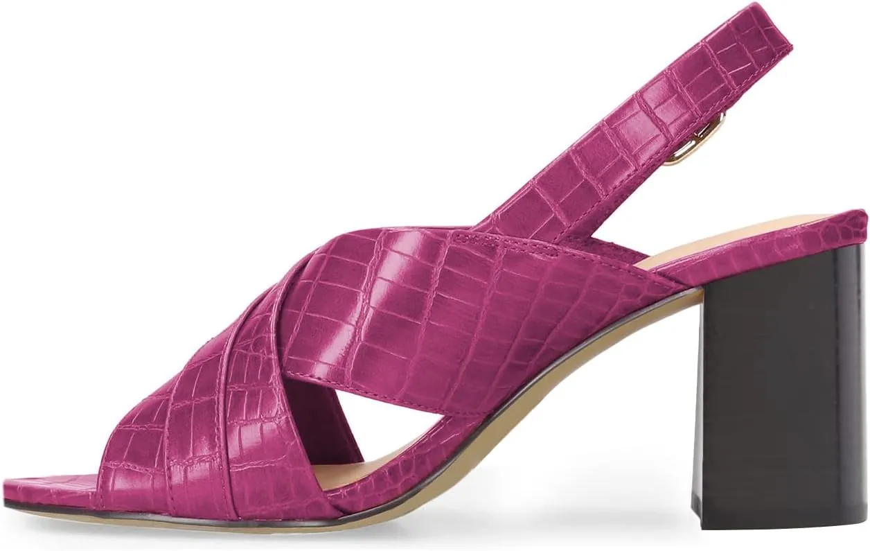 FOWT Crocodile Embossed Slingback Sandals for Women Open Peep Toe Pumps with Ankle Buckle Strap Backless Chunky Heels Faux Leather Spring Summer Beach Shoes Size 4-16 US