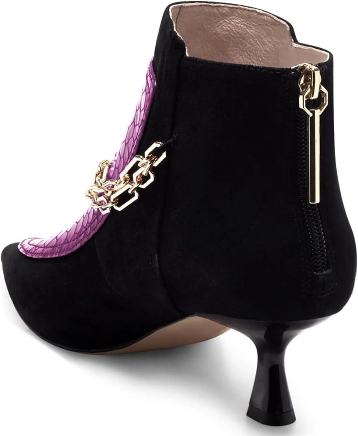 FOWT Women’s Crocodile Printing Ankle Booties with Golden Metal Chain Kitten Heels Bootie Back Zippers Sexy Pointed Two Toned Short Booties Dress Casual Office Size 4-16 US