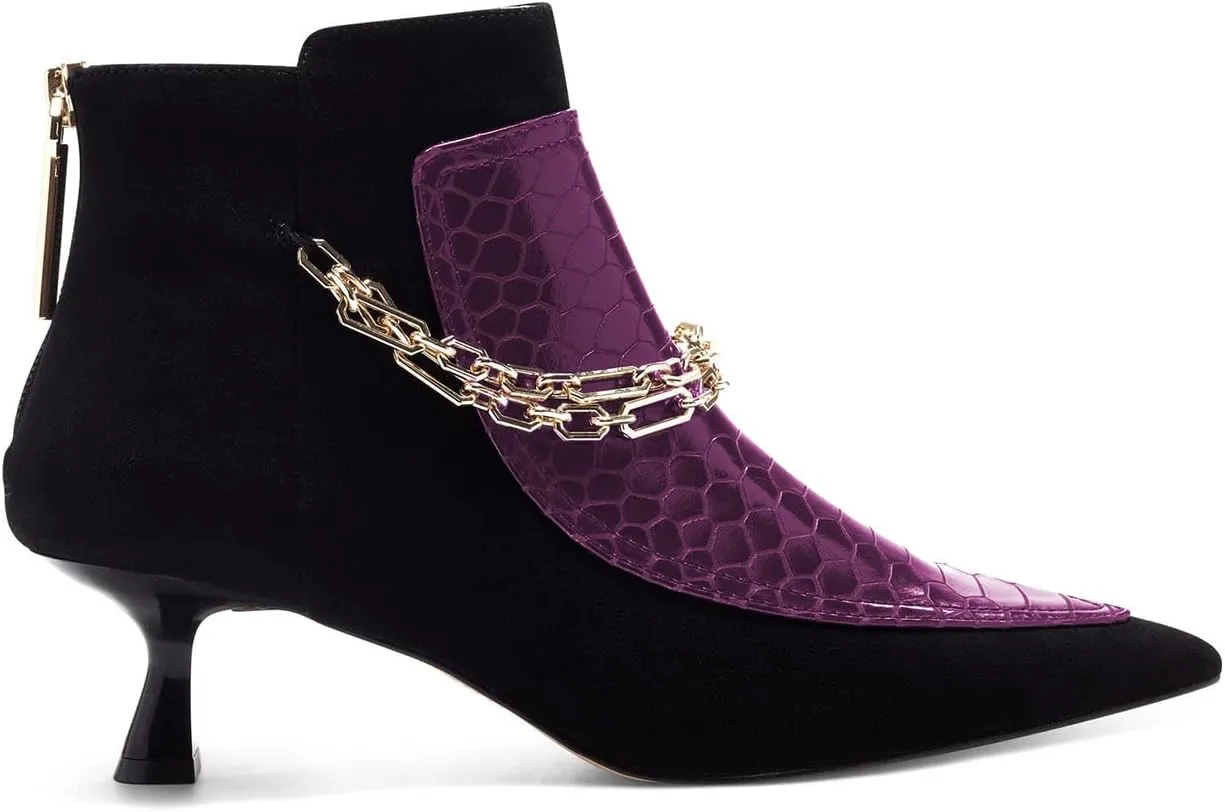 FOWT Women’s Crocodile Printing Ankle Booties with Golden Metal Chain Kitten Heels Bootie Back Zippers Sexy Pointed Two Toned Short Booties Dress Casual Office Size 4-16 US