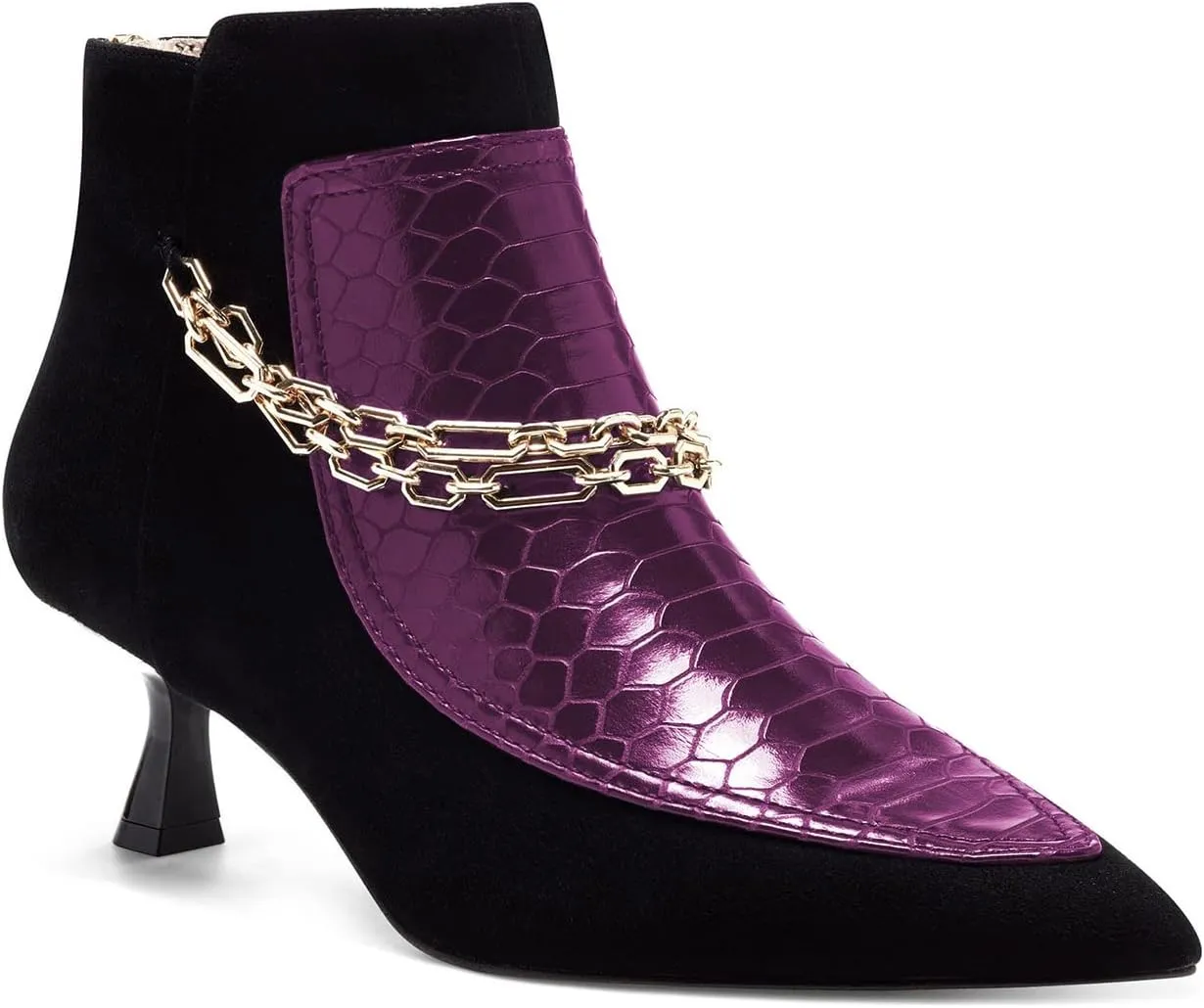 FOWT Women’s Crocodile Printing Ankle Booties with Golden Metal Chain Kitten Heels Bootie Back Zippers Sexy Pointed Two Toned Short Booties Dress Casual Office Size 4-16 US