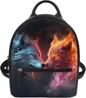 Fox Wolf Backpack for Teenager Boys Mens Lightweight Pu Leather Small Daypack School Bags for Traveling,Blue Yellow Wolf