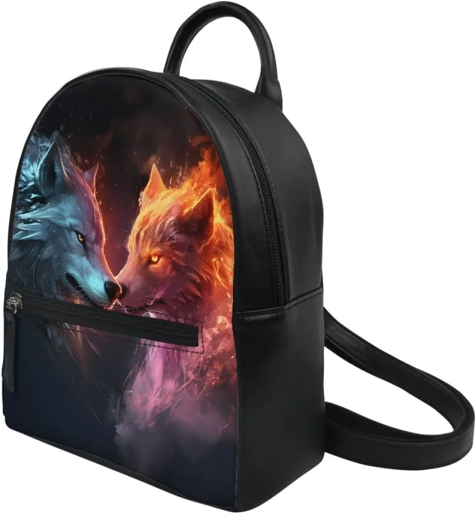 Fox Wolf Backpack for Teenager Boys Mens Lightweight Pu Leather Small Daypack School Bags for Traveling,Blue Yellow Wolf