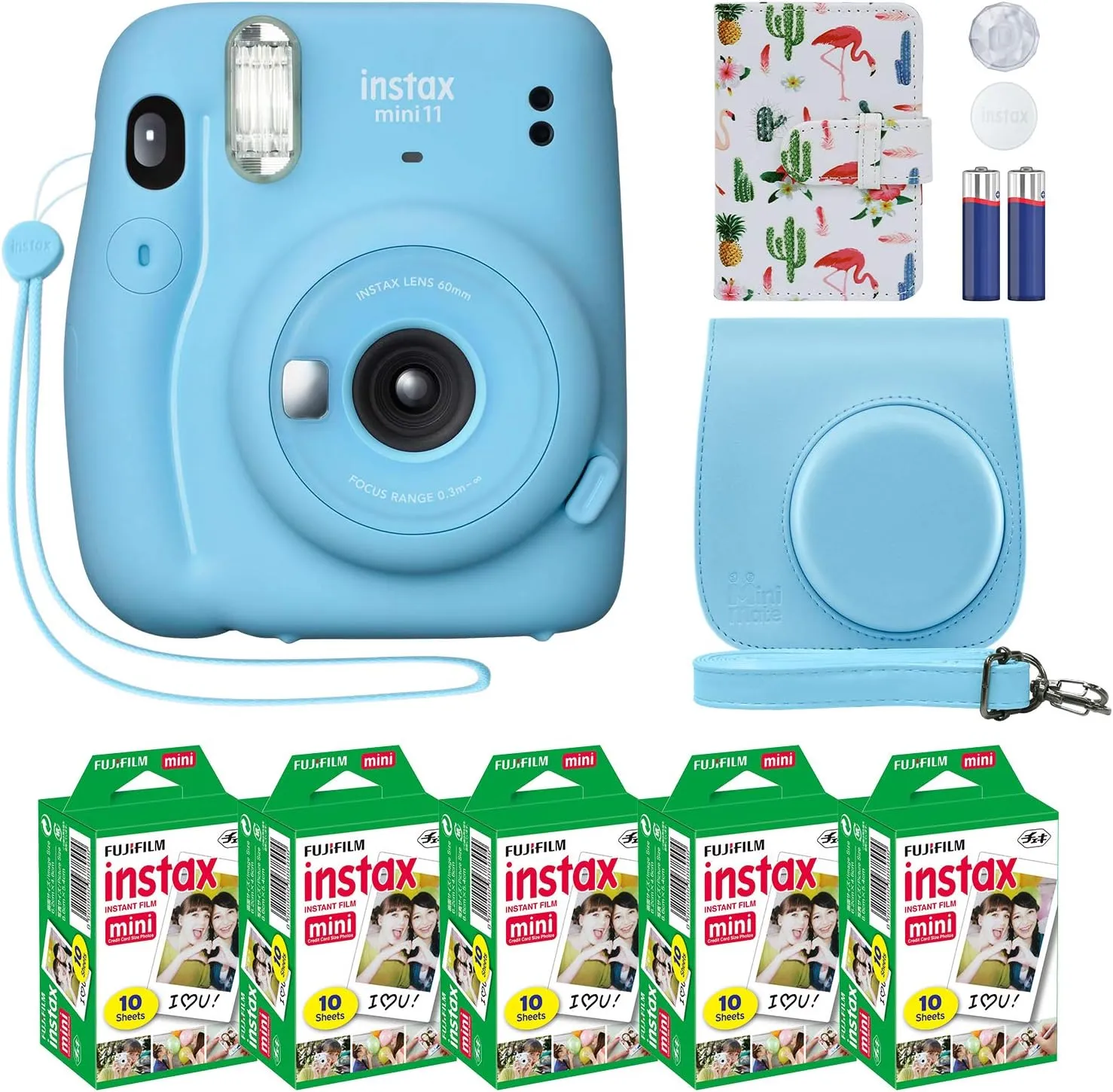 Fujifilm Instax Mini 11 Instant Camera Sky Blue   Custom Case Fuji Film Value Pack (50 Sheets) Flamingo Designer Photo Album for instax Photos
