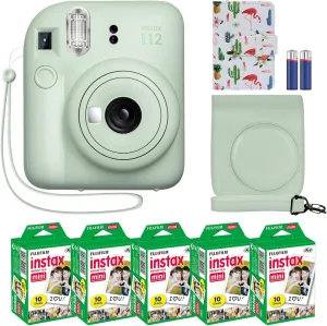 Fujifilm Instax Mini 12 Instant Camera   MiniMate Accessory Bundle & Compatible Custom Case   Fuji Instax Film Value Pack (50 Sheets) Flamingo Designer Photo Album (Mint Green)