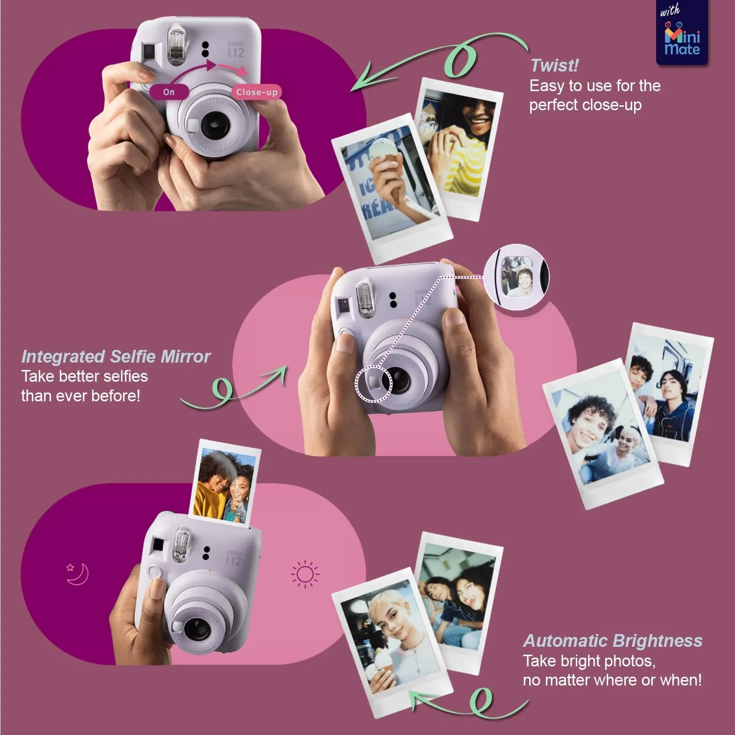 Fujifilm Instax Mini 12 Instant Camera   MiniMate Accessory Bundle & Compatible Custom Case   Fuji Instax Film Value Pack (50 Sheets) Flamingo Designer Photo Album (Pastel Blue)