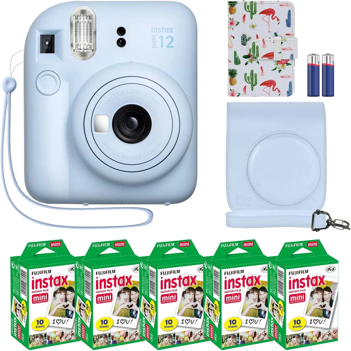 Fujifilm Instax Mini 12 Instant Camera   MiniMate Accessory Bundle & Compatible Custom Case   Fuji Instax Film Value Pack (50 Sheets) Flamingo Designer Photo Album (Pastel Blue)