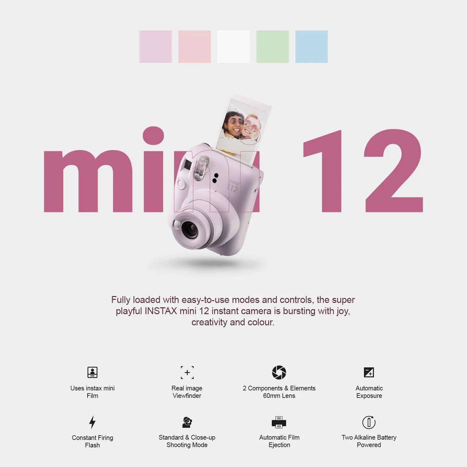 Fujifilm Instax Mini 12 Instant Camera   MiniMate Accessory Bundle & Compatible Custom Case   Fuji Instax Film Value Pack (50 Sheets) Flamingo Designer Photo Album (Pastel Blue)