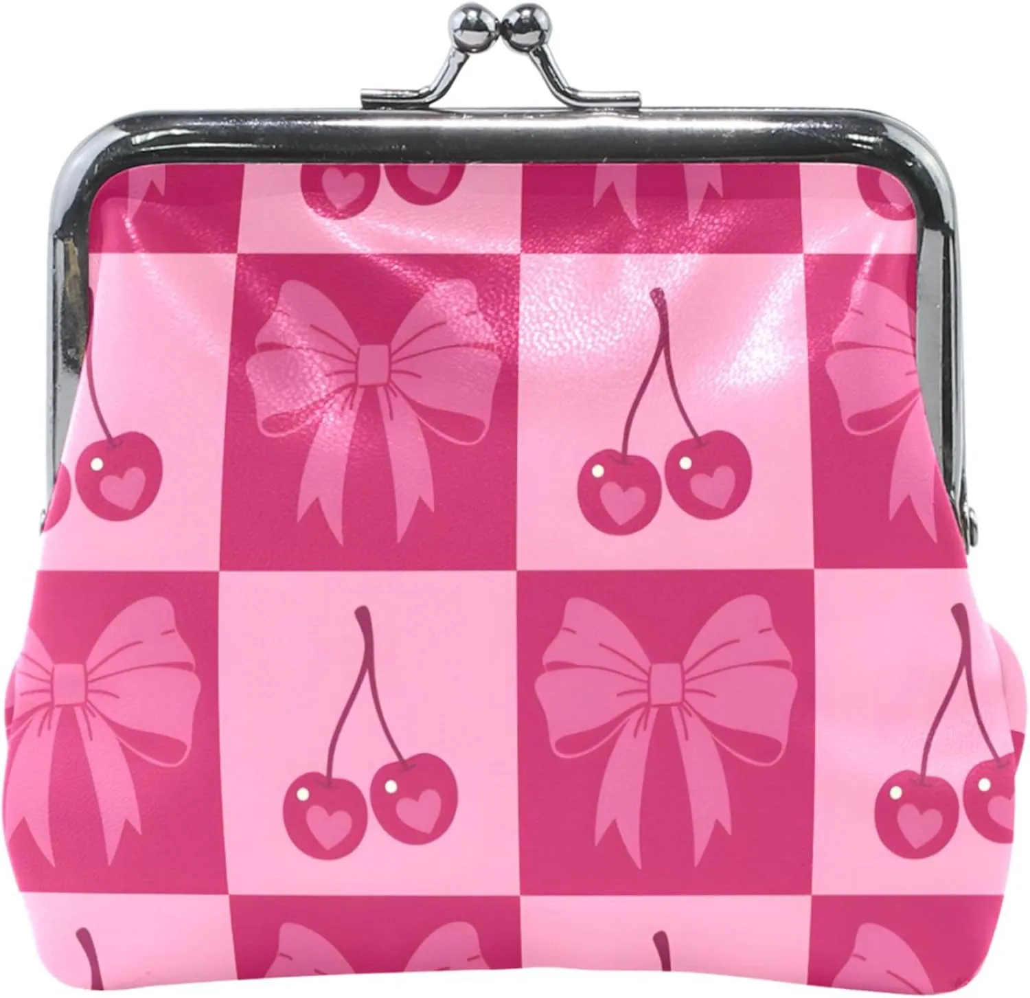 Fun Cute Coin Purse Holder Women Leather Kiss Lock Cherry Bows Pink Card Wallet Change Purse