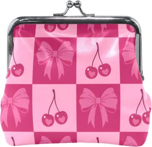 Fun Cute Coin Purse Holder Women Leather Kiss Lock Cherry Bows Pink Card Wallet Change Purse