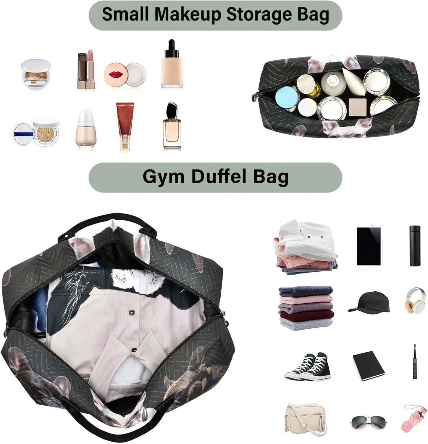 Funny Bulldogs Playing Duffle Bag for Travel Cosmetic Pouch Set of 2, Print Women Small Duffel Bag Carry on Duffle