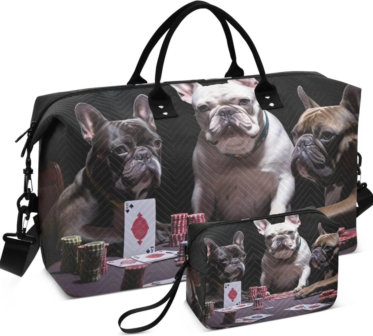 Funny Bulldogs Playing Duffle Bag for Travel Cosmetic Pouch Set of 2, Print Women Small Duffel Bag Carry on Duffle