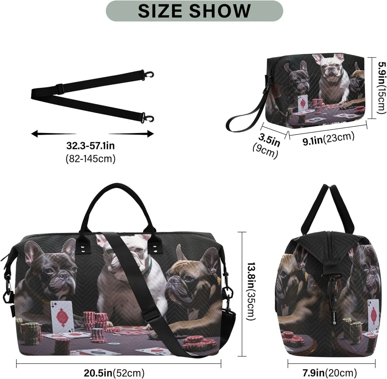 Funny Bulldogs Playing Duffle Bag for Travel Cosmetic Pouch Set of 2, Print Women Small Duffel Bag Carry on Duffle