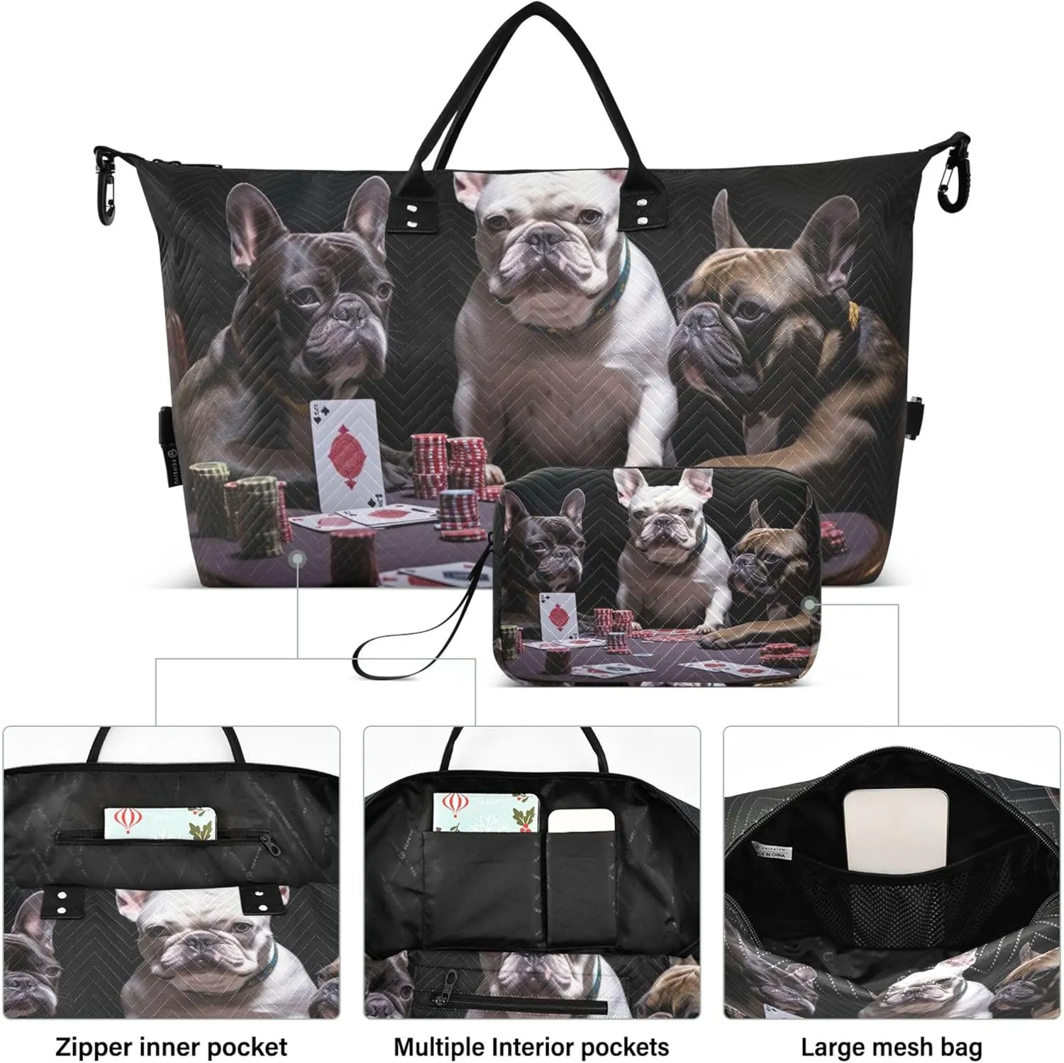 Funny Bulldogs Playing Duffle Bag for Travel Cosmetic Pouch Set of 2, Print Women Small Duffel Bag Carry on Duffle