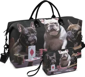 Funny Bulldogs Playing Duffle Bag for Travel Cosmetic Pouch Set of 2, Print Women Small Duffel Bag Carry on Duffle