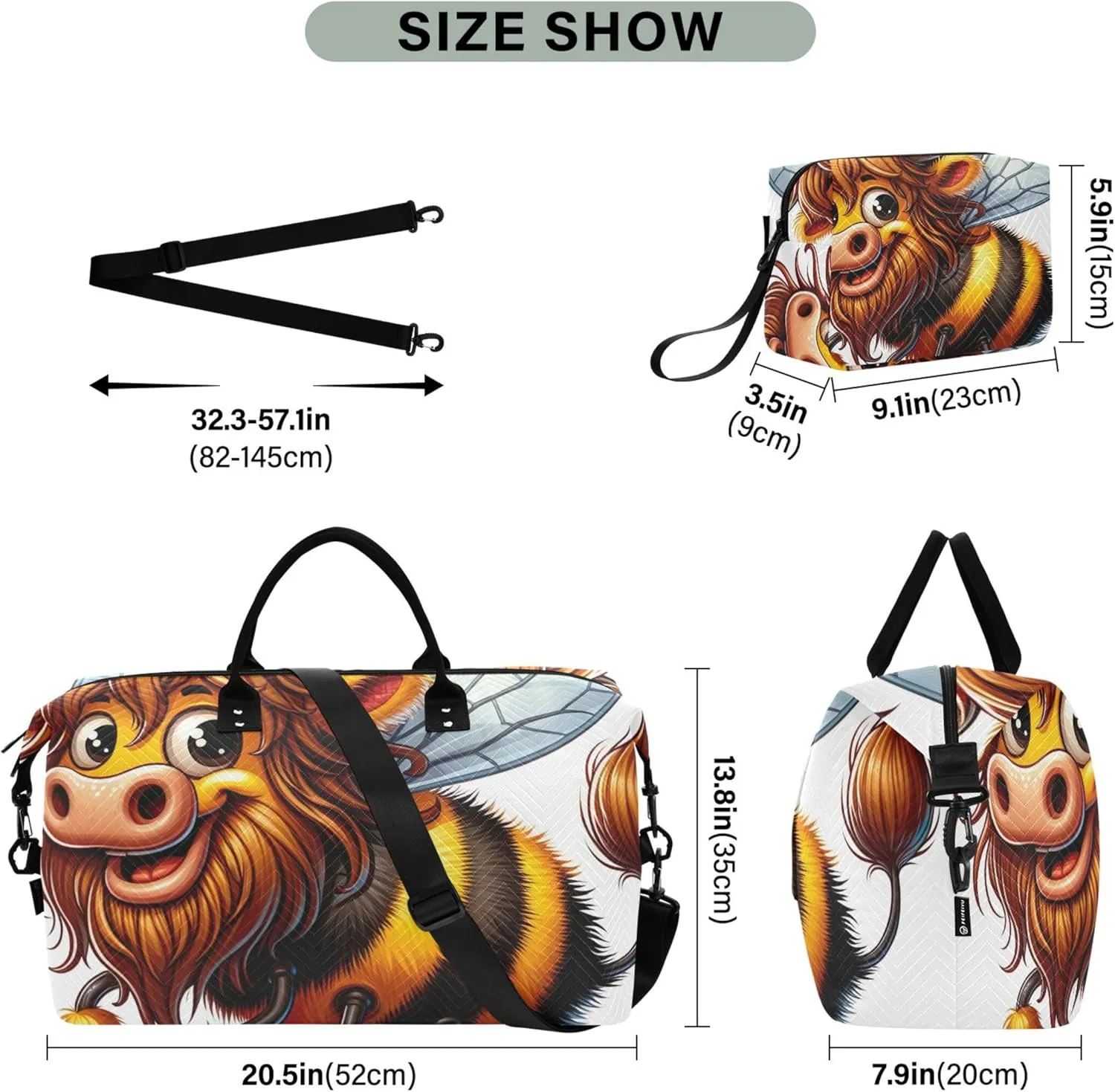 Funny Cartoon Bull Bee Mix Duffle Bags Travel Toiletry Bag Set of 2, Animal Floral Women Sports Duffle Bag Traveling Bags