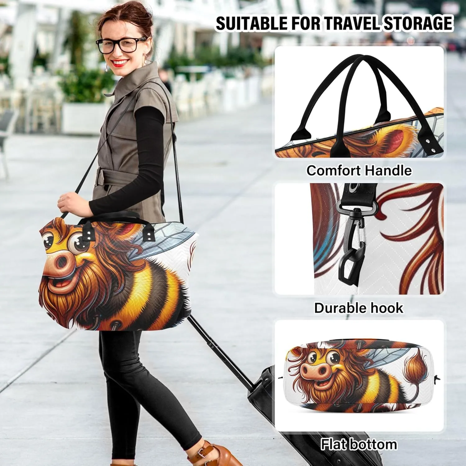 Funny Cartoon Bull Bee Mix Duffle Bags Travel Toiletry Bag Set of 2, Animal Floral Women Sports Duffle Bag Traveling Bags