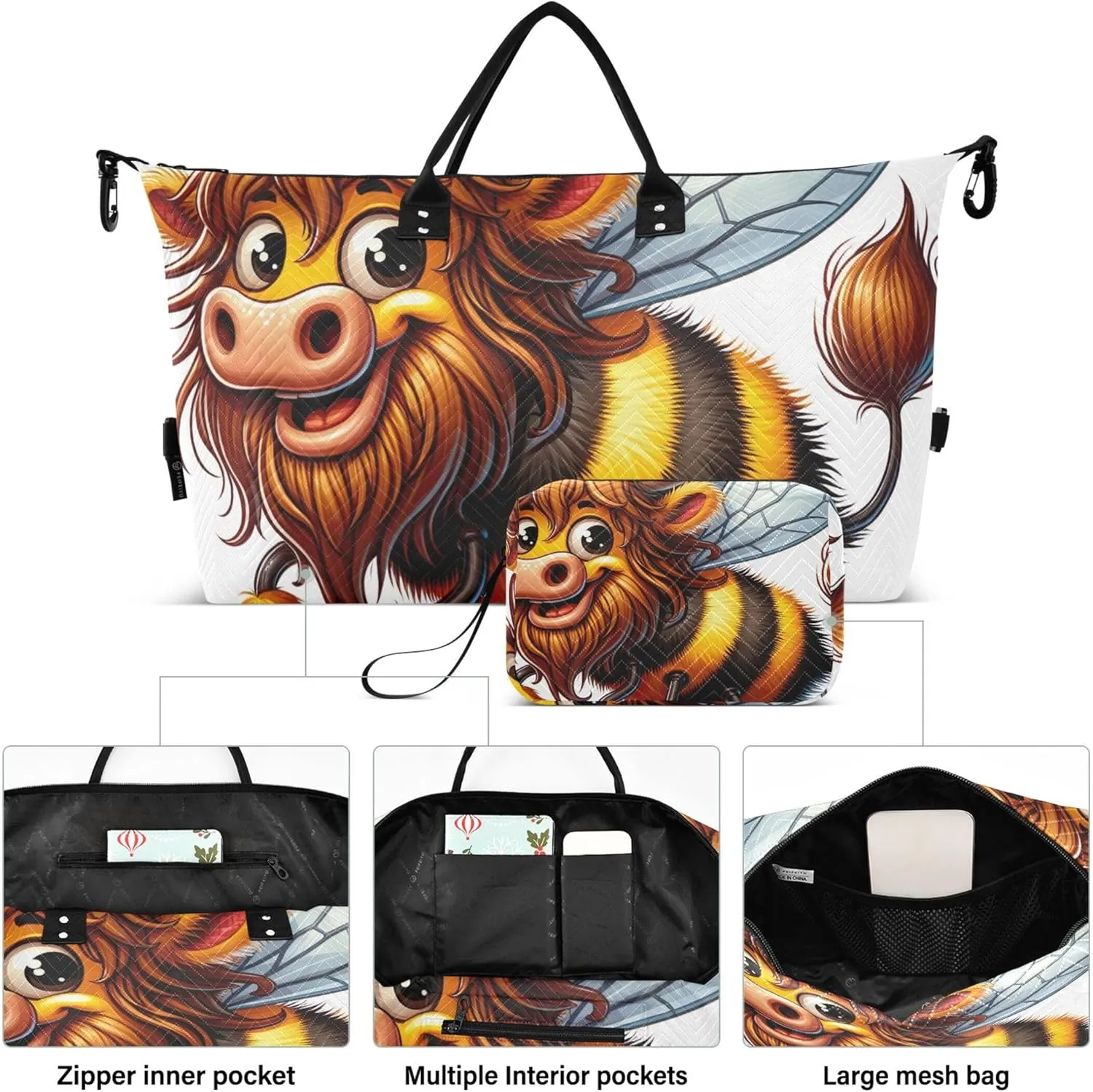 Funny Cartoon Bull Bee Mix Duffle Bags Travel Toiletry Bag Set of 2, Animal Floral Women Sports Duffle Bag Traveling Bags
