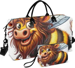 Funny Cartoon Bull Bee Mix Duffle Bags Travel Toiletry Bag Set of 2, Animal Floral Women Sports Duffle Bag Traveling Bags