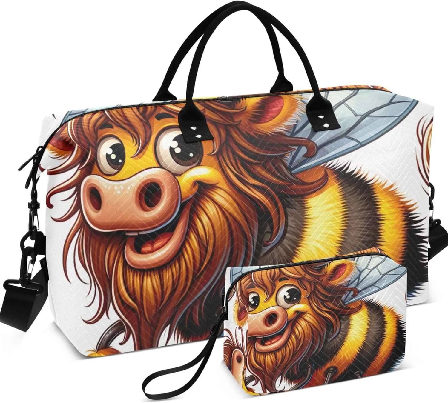 Funny Cartoon Bull Bee Mix Duffle Bags Travel Toiletry Bag Set of 2, Animal Floral Women Sports Duffle Bag Traveling Bags