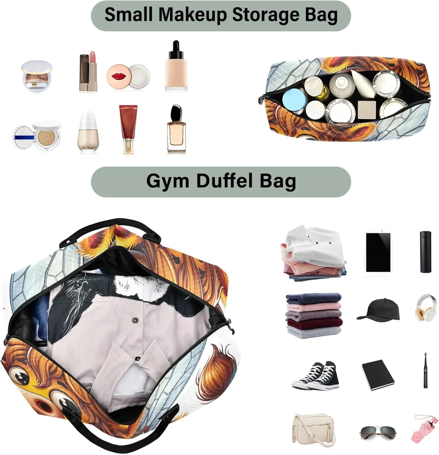 Funny Cartoon Bull Bee Mix Duffle Bags Travel Toiletry Bag Set of 2, Animal Floral Women Sports Duffle Bag Traveling Bags