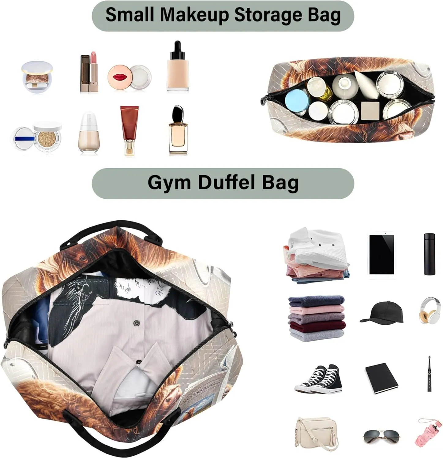 Funny Highland Cow Duffel Bags for Traveling Cosmetic Bags Set of 2, Art Sports Bags Overnight Bag