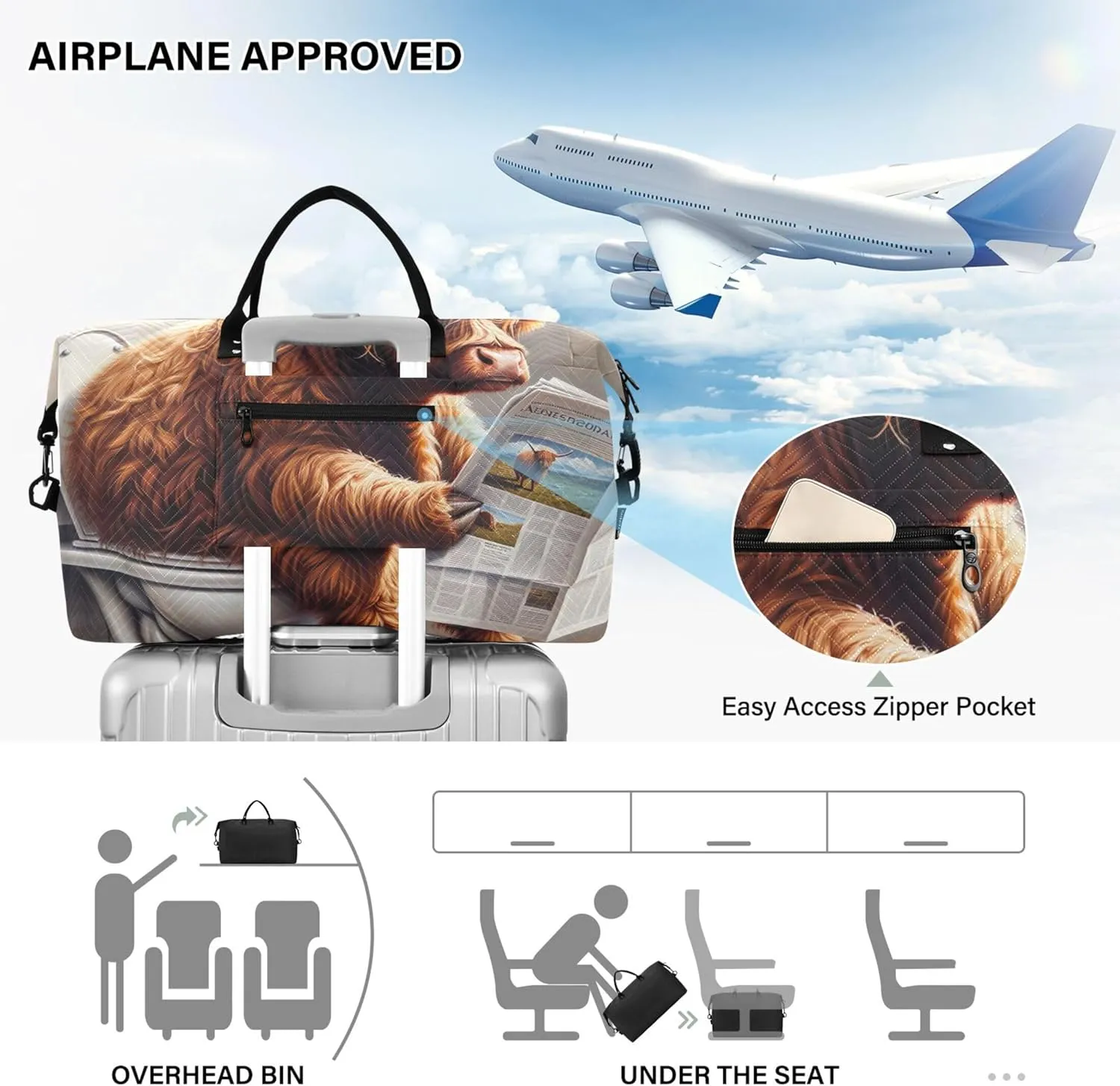 Funny Highland Cow Duffel Bags for Traveling Cosmetic Bags Set of 2, Art Sports Bags Overnight Bag