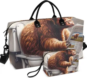Funny Highland Cow Duffel Bags for Traveling Cosmetic Bags Set of 2, Art Sports Bags Overnight Bag