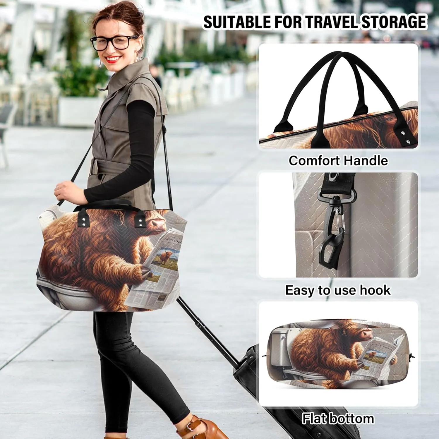 Funny Highland Cow Duffel Bags for Traveling Cosmetic Bags Set of 2, Art Sports Bags Overnight Bag