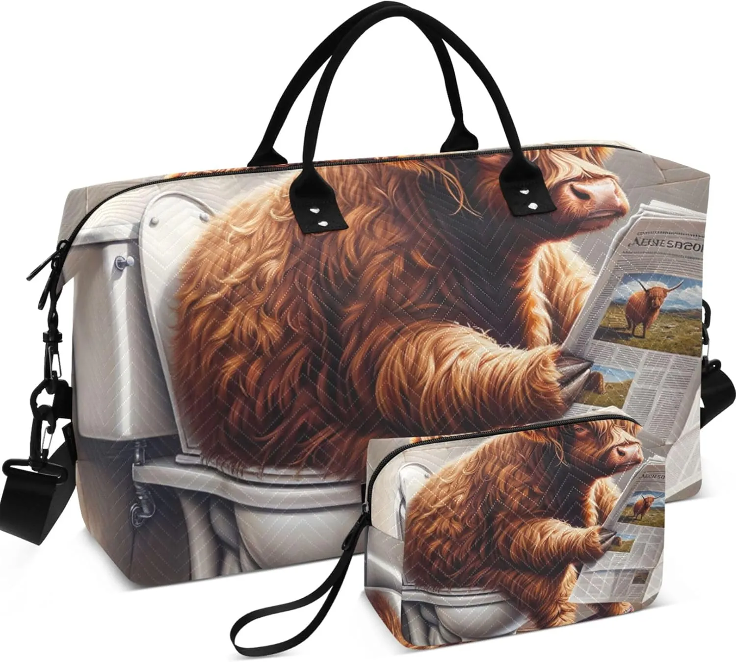 Funny Highland Cow Duffel Bags for Traveling Cosmetic Bags Set of 2, Art Sports Bags Overnight Bag