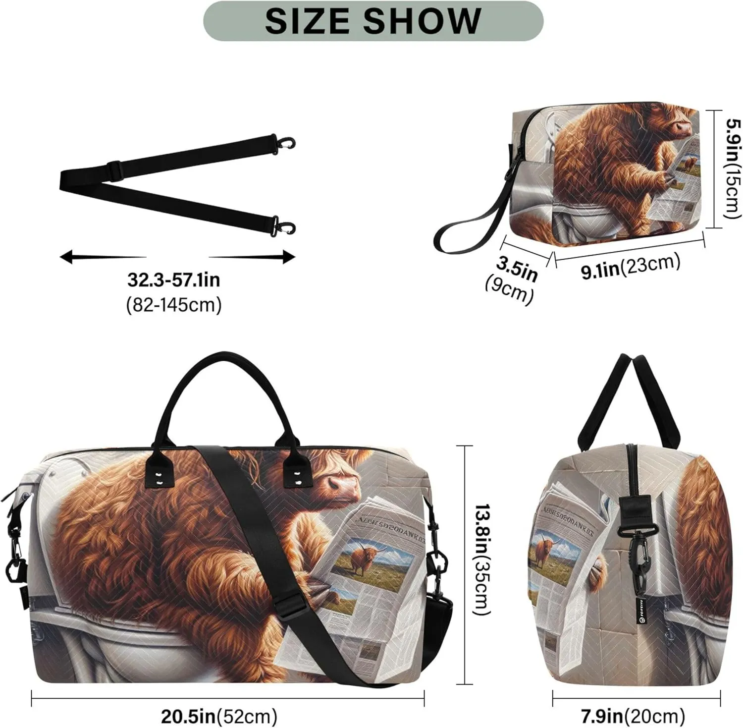 Funny Highland Cow Duffel Bags for Traveling Cosmetic Bags Set of 2, Art Sports Bags Overnight Bag