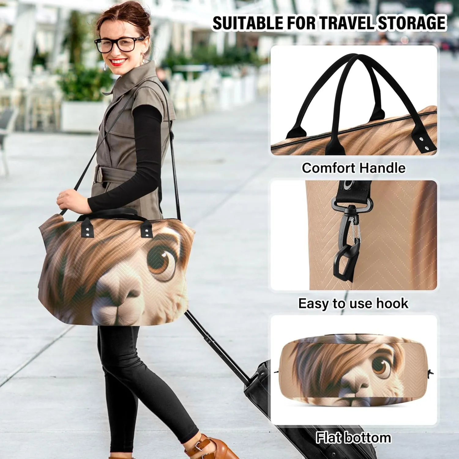 Funny Llama Print Travel Duffle Women Makeup Pouch Set of 2, Floral Animal Women Gym Bags Tote Carry on Duffle