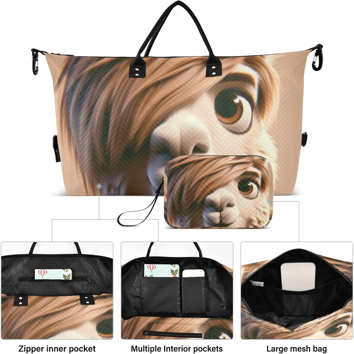 Funny Llama Print Travel Duffle Women Makeup Pouch Set of 2, Floral Animal Women Gym Bags Tote Carry on Duffle